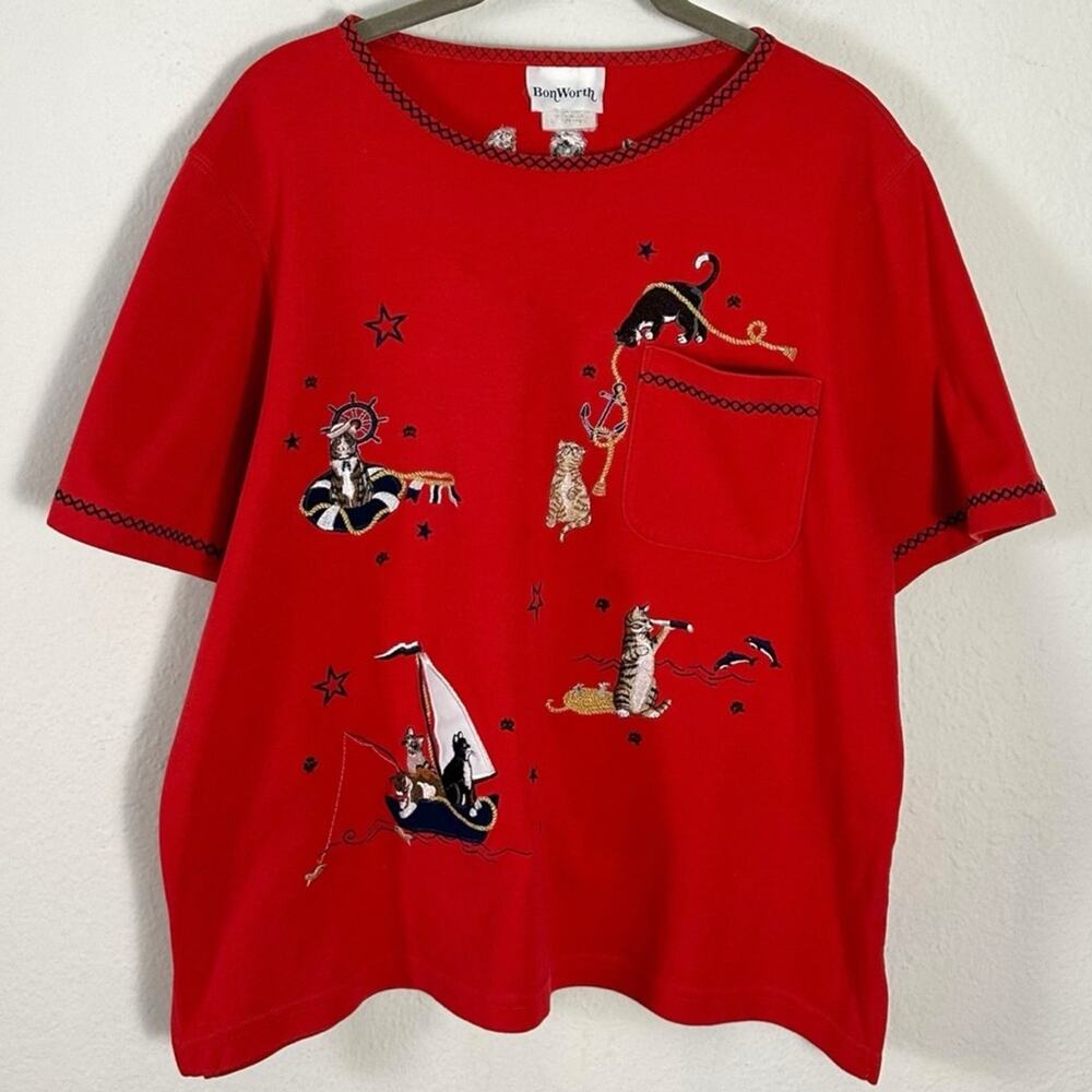 Vintage 80s 90s BonWorth Nautical Kitty Cat Tee Top Size Large Sailing